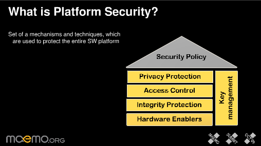 Slide da plataforma de segurança do Maemo 6 - proteção a privacidade, controle de acesso, proteção de integridade, hardware enablers (nenhuma tradução decente para isso) e gerenciamento de chaves (slides no Slide Share)